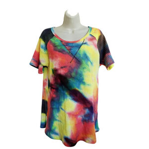 B!B! S neon Multi-Color Tie-Dye Waffle Knit boho hippie rave Short Sleeve Tee